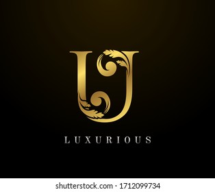 Golden Elegant letter U Floral logo. Vintage drawn emblem for book design, weeding card, brand name, business card, Restaurant, Boutique, Hotel. 