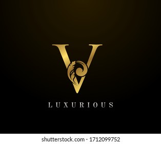 Golden Elegant letter V Floral logo. Vintage drawn emblem for book design, weeding card, brand name, business card, Restaurant, Boutique, Hotel. 