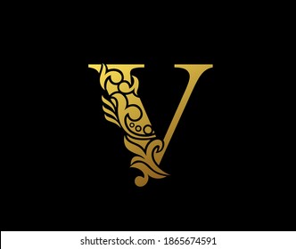 Golden Elegant letter V. Graceful Ornate style. Calligraphic beautiful logo. Vintage drawn emblem for book design, brand name, business card, Restaurant, Boutique, Hotel.