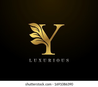 Golden Elegant letter Y Floral logo. Vintage drawn emblem for book design, weeding card, brand name, business card, Restaurant, Boutique, Hotel. 