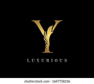 Golden Elegant letter Y. Graceful royal style. Calligraphic beautiful logo. Vintage drawn emblem for book design, weeding card, brand name, business card, Restaurant, Boutique, Hotel. 