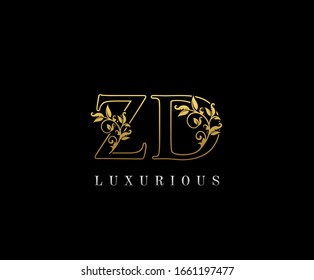 Golden Elegant letter Z, D and ZD. Graceful royal style. Calligraphic beautiful logo. Vintage drawn emblem for book design, weeding card, brand name, business card, Restaurant, Boutique, Hotel. 