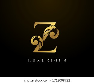 Golden Elegant letter Z Floral logo. Vintage drawn emblem for book design, weeding card, brand name, business card, Restaurant, Boutique, Hotel. 
