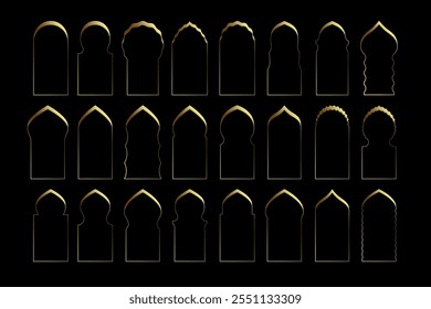 Quadros de linha elegantes dourados para modelos islâmicos do ramadã. Contornar elementos gráficos mínimos.Conjunto de vetores