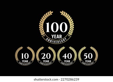 Golden Elegant Luxury 10 20 40 50 100 Years Anniversary Badge Emblem Label Design Vector