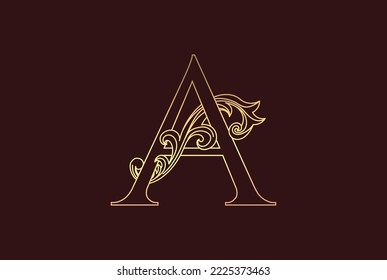 Golden Elegant Luxury Initial Letter A with Swirl Floral Ornament Logo and Dark Red Background