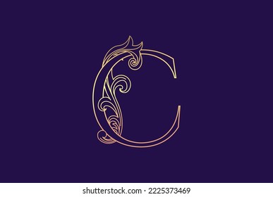 Golden Elegant Luxury Initial Letter C with Swirl Floral Ornament Logo and Dark Violet Background