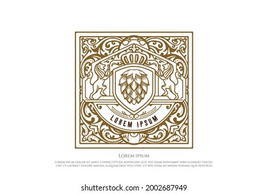 Golden Elegant Luxury Shield Lion King Crown with Hop for Craft Beer Brewing Brewery Badge Emblem Label Logo Design Vector