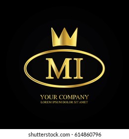 golden elegant mi initial letter with crown typography design logotype for brand and company identity. gradient gold color