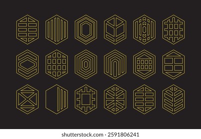 Golden elegant and modern assorted isolated thin outline pointy hexagon shapes emblems icons set design elements on black background poster