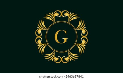 Monograma elegante dorado en forma de anillo con la letra G en el centro. Ilustración vectorial. Adorno de lujo para el logotipo del restaurante, negocio, joyería, etc