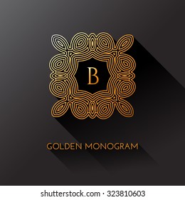 Golden elegant monogram with letter B. Template design for monogram, label, logo, emblem. Vector illustration.