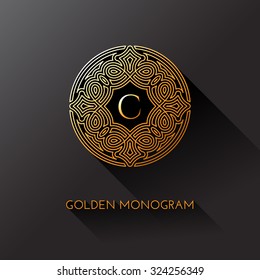 Golden elegant monogram with letter C. Template design for monogram, label, logo, emblem. Vector illustration.