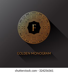 Golden elegant monogram with letter F. Template design for monogram, label, logo, emblem. Vector illustration.