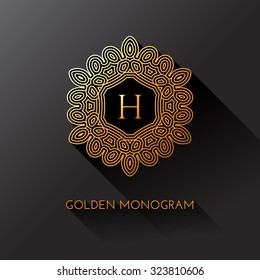 Golden elegant monogram with letter H. Template design for monogram, label, logo, emblem. Vector illustration.