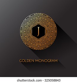 Golden elegant monogram with letter J. Template design for monogram, label, logo, emblem. Vector illustration.