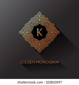 Golden elegant monogram with letter K. Template design for monogram, label, logo, emblem. Vector illustration.