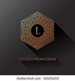 Golden elegant monogram with letter L. Template design for monogram, label, logo, emblem. Vector illustration.
