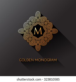 Golden elegant monogram with letter M. Template design for monogram, label, logo, emblem. Vector illustration.