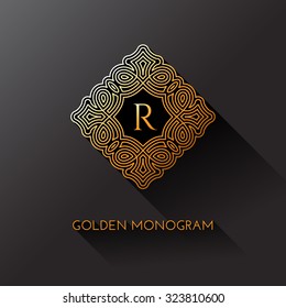 Golden elegant monogram with letter R. Template design for monogram, label, logo, emblem. Vector illustration.