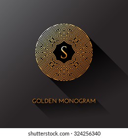 Golden elegant monogram with letter S. Template design for monogram, label, logo, emblem. Vector illustration.