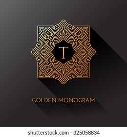 Golden elegant monogram with letter T. Template design for monogram, label, logo, emblem. Vector illustration.