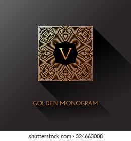 Golden elegant monogram with letter V. Template design for monogram, label, logo, emblem. Vector illustration.