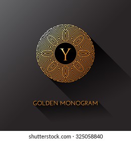 Golden elegant monogram with letter Y. Template design for monogram, label, logo, emblem. Vector illustration.