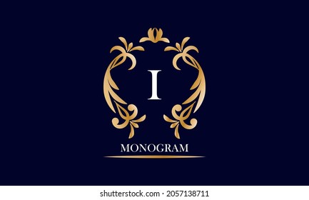 Golden elegant monogram on a black background with the inscription and the letter I in white. Vector heraldic illustration. Luxury ornament sign, restaurant, boutique, cafe, hotel