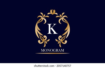 Golden elegant monogram on a black background with the inscription and the letter K in white. Vector heraldic illustration. Luxury ornament sign, restaurant, boutique, cafe, hotel