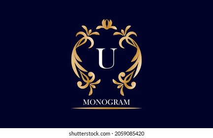 Monograma dorado y elegante sobre un fondo negro con la inscripción y la letra U en blanco. Ilustración vectorial heráldica. Signo de adorno de lujo, restaurante, boutique, café, hotel
