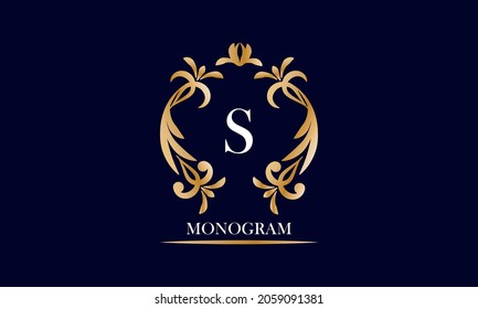 Golden elegant monogram on a black background with the inscription and the letter S in white. Vector heraldic illustration. Luxury ornament sign, restaurant, boutique, cafe, hotel