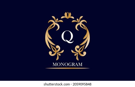 Monograma dorado elegante sobre fondo negro con la inscripción y la letra Q en blanco. Ilustración vectorial heráldica. Signo de adorno de lujo, restaurante, boutique, café, hotel