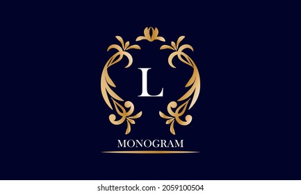 Golden elegant monogram on a black background with the inscription and the letter L in white. Vector heraldic illustration. Luxury ornament sign, restaurant, boutique, cafe, hotel