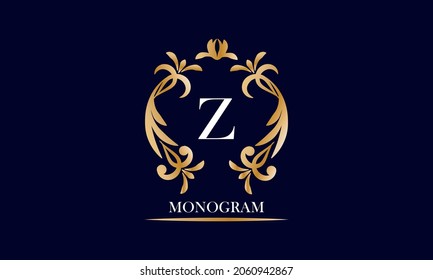 Monograma dorado y elegante sobre un fondo negro con la inscripción y la letra Z en blanco. Ilustración vectorial heráldica. Signo de adorno de lujo, restaurante, boutique, café, hotel