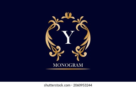 Golden elegant monogram on a black background with the inscription and the letter Y in white. Vector heraldic illustration. Luxury ornament sign, restaurant, boutique, cafe, hotel