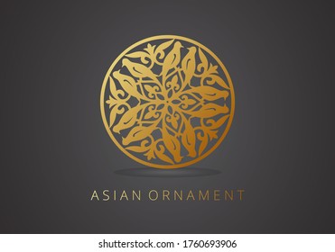 Monograma dorado y elegante en un moderno estilo tradicional oriental - carteles hechos con lámina dorada sobre fondo negro - productos de lujo, adornos, emblemas. Diseño de plantilla para monograma, etiqueta, logotipo, emblema.