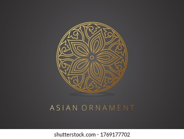 Monograma dorado y elegante en un moderno estilo tradicional oriental - carteles hechos con lámina dorada sobre fondo negro - productos de lujo, adornos, emblemas. Diseño de plantilla para monograma, etiqueta, logotipo, emblema.