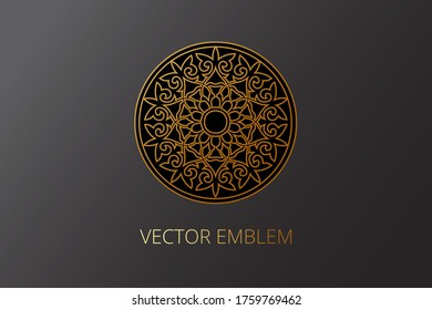 Golden elegant monogramtrendy kazakh traditional style - signs made with golden foil on black background - luxury products, ornaments, emblems. Template design for monogram, label, logo, emblem.