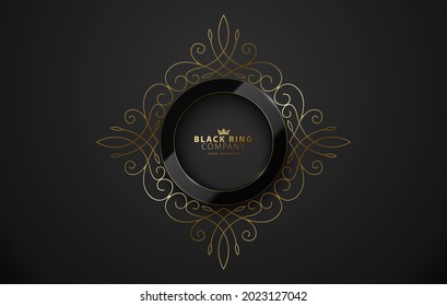 Golden elegant monoline monogram with glossy black ring design template. Vector heraldic illustration. Geometric calligraphic logo frame. Luxury ornament line sign, Restaurant, Boutique, Cafe, Hotel