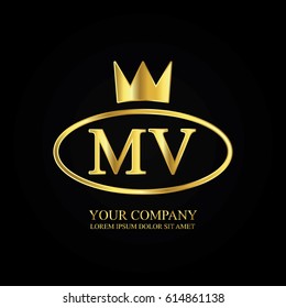 golden elegant mv initial letter with crown typography design logotype for brand and company identity. gradient gold color