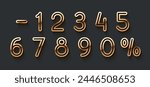 Golden elegant numbers 1, 2, 3, 4, 5, 6, 7, 8, 9, 0. Chic Design sign isolated on black background. Gold set of number, font luxury. vector illustration