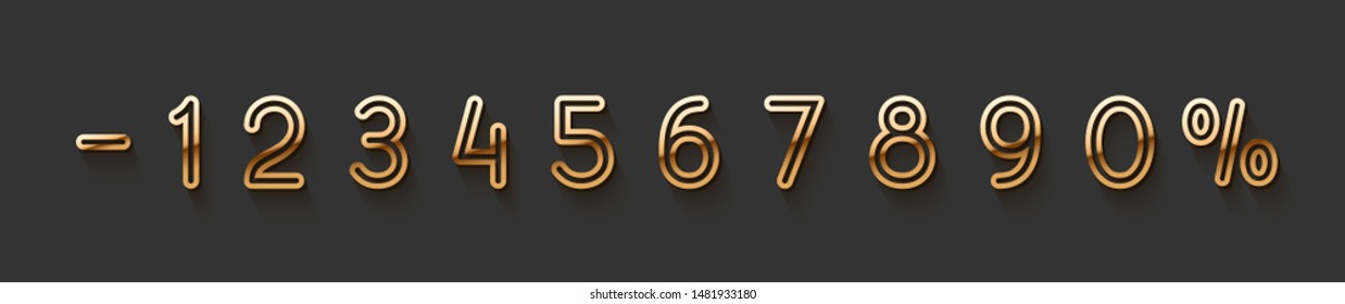 Golden elegant numbers 1, 2, 3, 4, 5, 6, 7, 8, 9, 0. Chic Design sign isolated on black background. Gold set of number, font luxury. vector illustration