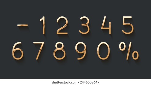 Golden elegant numbers 1, 2, 3, 4, 5, 6, 7, 8, 9, 0. Chic Design sign isolated on black background. Gold set of number, font luxury. vector illustration