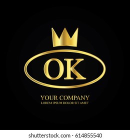 golden elegant ok initial letter with crown typography design logotype for brand and company identity. gradient gold color