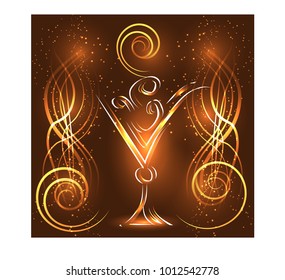 Golden elegant outline of a glass with a drink, with neon lights in golden tones