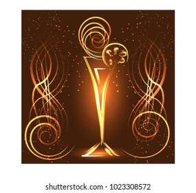 Golden elegant outline of a glass with a drink, with neon lights in golden tones