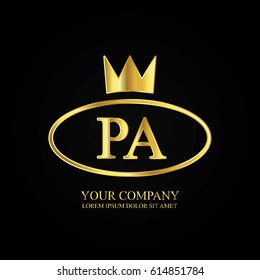 golden elegant pa initial letter with crown typography design logotype for brand and company identity. gradient gold color