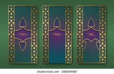 Golden elegant packaging design. Set of labels templates with arabian vintage ornament frames.