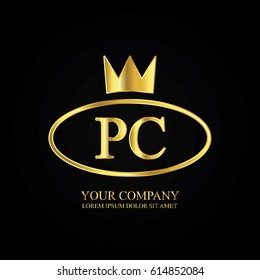 golden elegant pc initial letter with crown typography design logotype for brand and company identity. gradient gold color